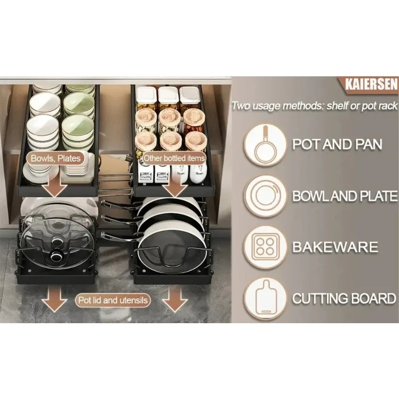 Organizador extraíble para gabinetes de cocina con rieles deslizantes, estante de almacenamiento ajustable para ollas, sartenes y platos