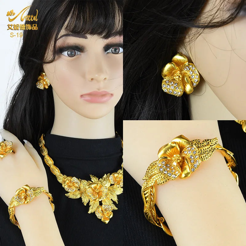Juego de joyería nupcial de lujo en oro 24k Au999 para novias africanas y mujeres saudíes, collar, pulsera, aretes y anillo, 4 piezas, regalo.