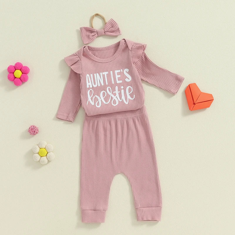 Conjunto de 3 piezas para niñas de 0 a 12 meses, pelele con volantes y manga larga con estampado de letras, Tops, pantalones largos, trajes con banda para el pelo