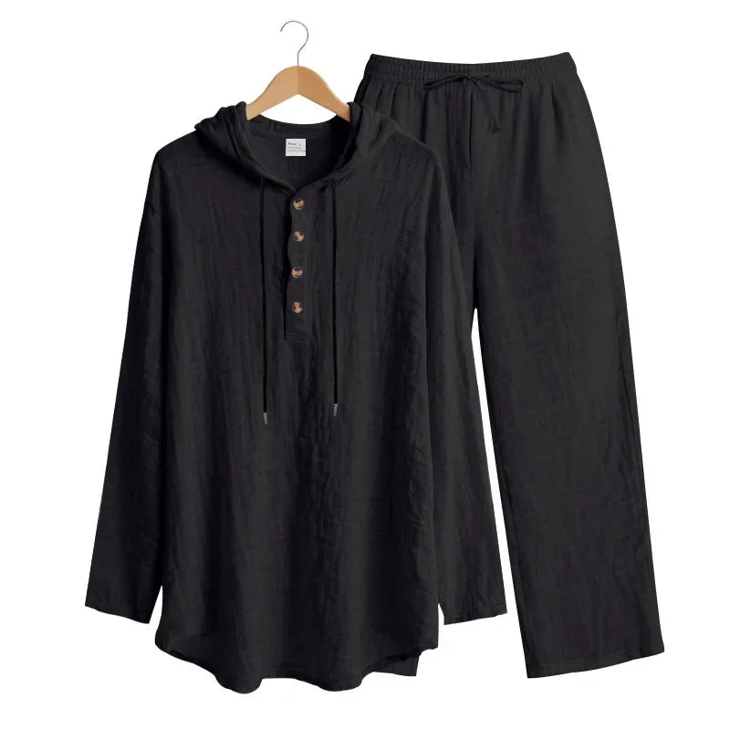 Conjunto informal holgado de lino para hombre, camisa Henry de manga larga y pantalones largos, conjunto cómodo y transpirable a la moda para otoño 2025