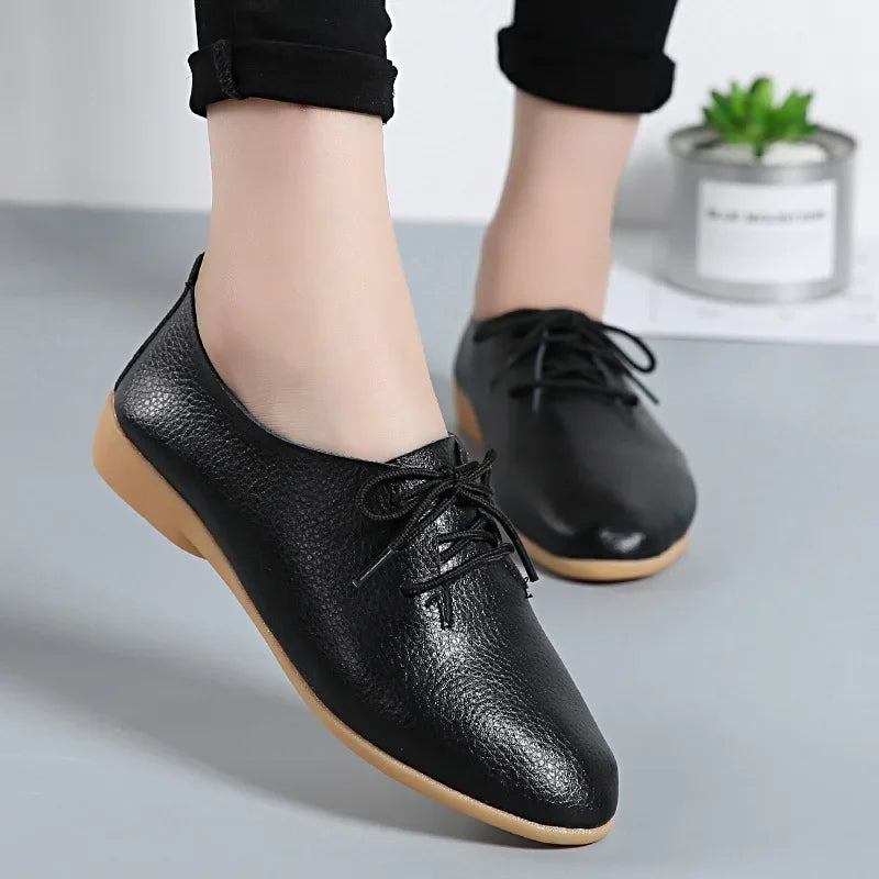 Mocasines de piel auténtica para mujer, zapatos informales, calzado suave con punta estrecha, zapatos planos de verano
