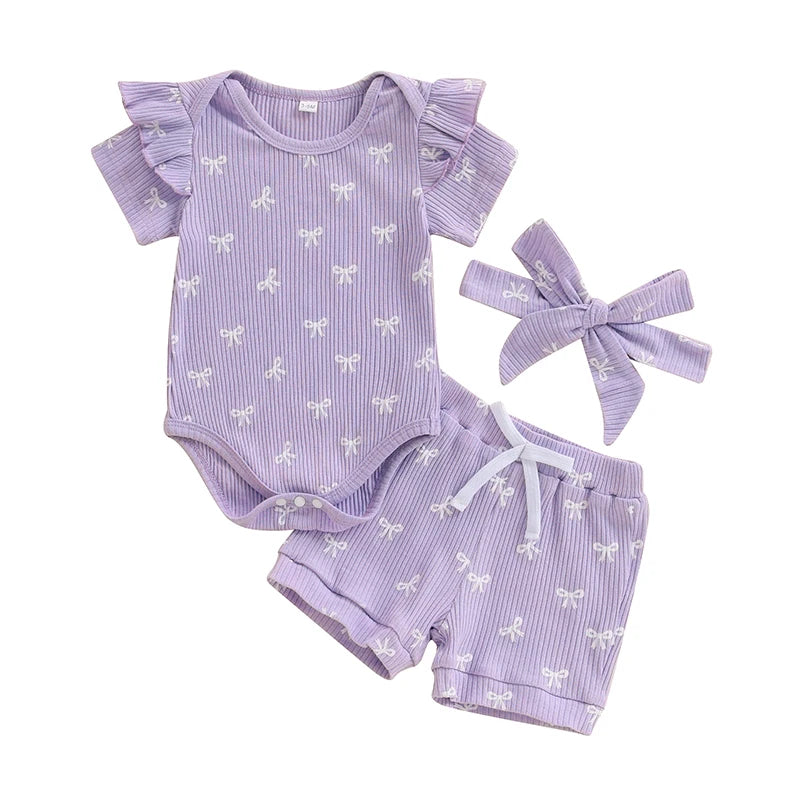 Conjuntos de verano para niña de 0 a 18 meses, pelele de manga corta con estampado de lazo, pantalones cortos de cintura elástica y diadema, conjunto de 3 uds.