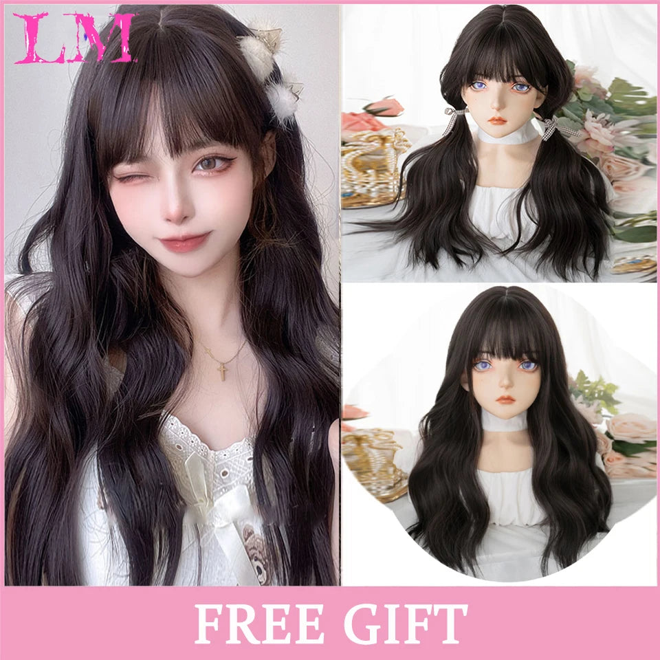 LM Rubio sintético Ombre mezclado rosa Rubio largo ondulado pelucas con flequillo Cosplay fiesta uso fibra resistente al calor para mujeres
