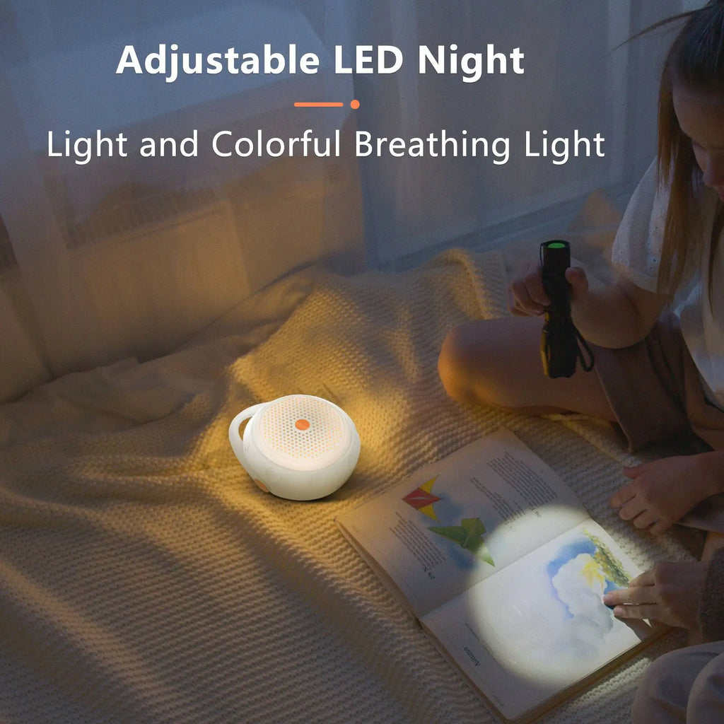 Máquina portátil de ruido blanco con Bluetooth, 12 sonidos relajantes relajantes y temporizador de silicona para dormir, luz nocturna para bebés y adultos