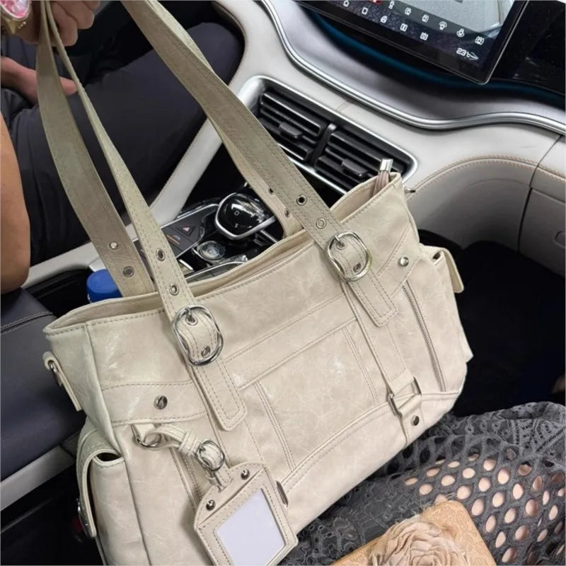 Bolso de mano con tachuelas Vintage para chica, bolso de hombro de gran capacidad con textura de cuero para mujer, bolso cruzado de viaje de estética Y2k