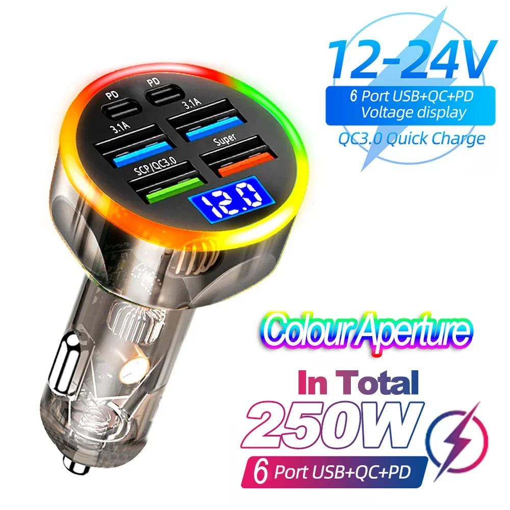 Cargador de coche USB 250W PD QC3.0 cargador de teléfono de coche de carga rápida para iPhone Samsung Xiaomi adaptador de encendedor de cigarrillos de coche de carga rápida