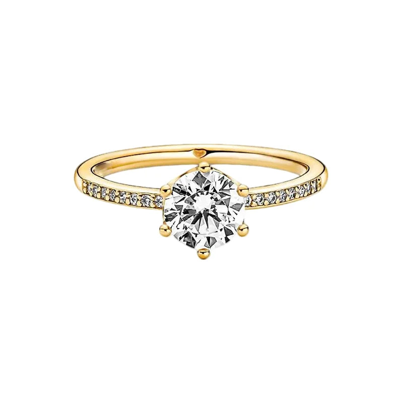 Anillo de Plata 925 con Corona y Corazón de Circonio Dorado para Mujer, Joyería Europea de Moda para Bodas y Fiestas, Regalo DIY