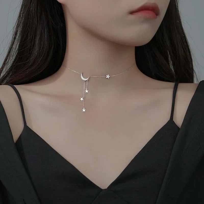 Collar con borlas de Luna y estrella de Color plateado para mujer, cadena de clavícula de cristal exquisita, joyería, regalo de cumpleaños 2026