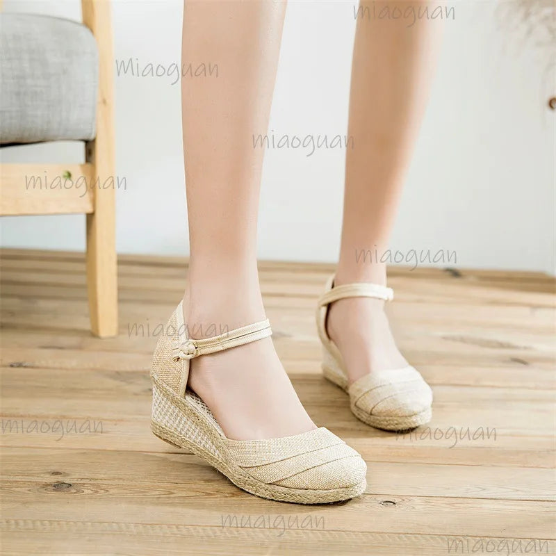 Sandalias de lino con plataforma para mujer, sandalias con correa en el tobillo, calzado ligero y transpirable para verano, sandalias de moda romana para mujer, talla 34