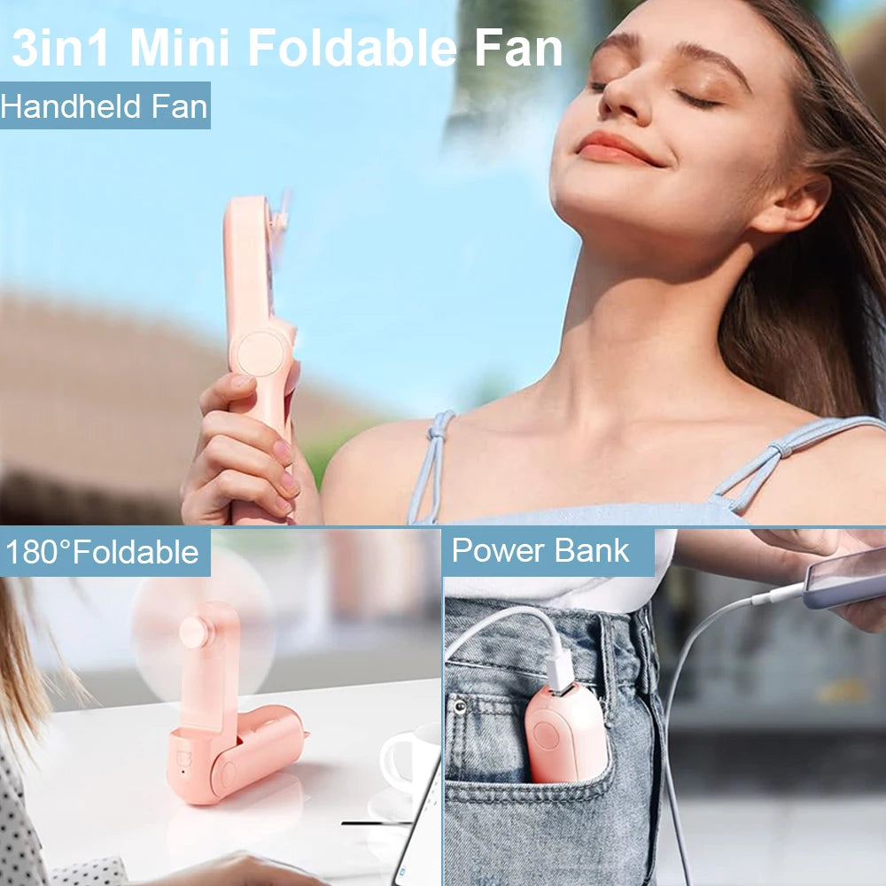 Mini ventilador de mano portátil, pequeño ventilador de bolsillo, batería recargable por USB, ventilador de mano de refrigeración plegable, Mini ventilador USB con Banco de energía