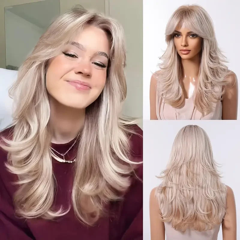 Pelucas Allbell Magique de largo ondulado en capas, pelo marrón miel con flequillo lateral para mujeres, pelucas sintéticas naturales resistentes al calor para uso diario