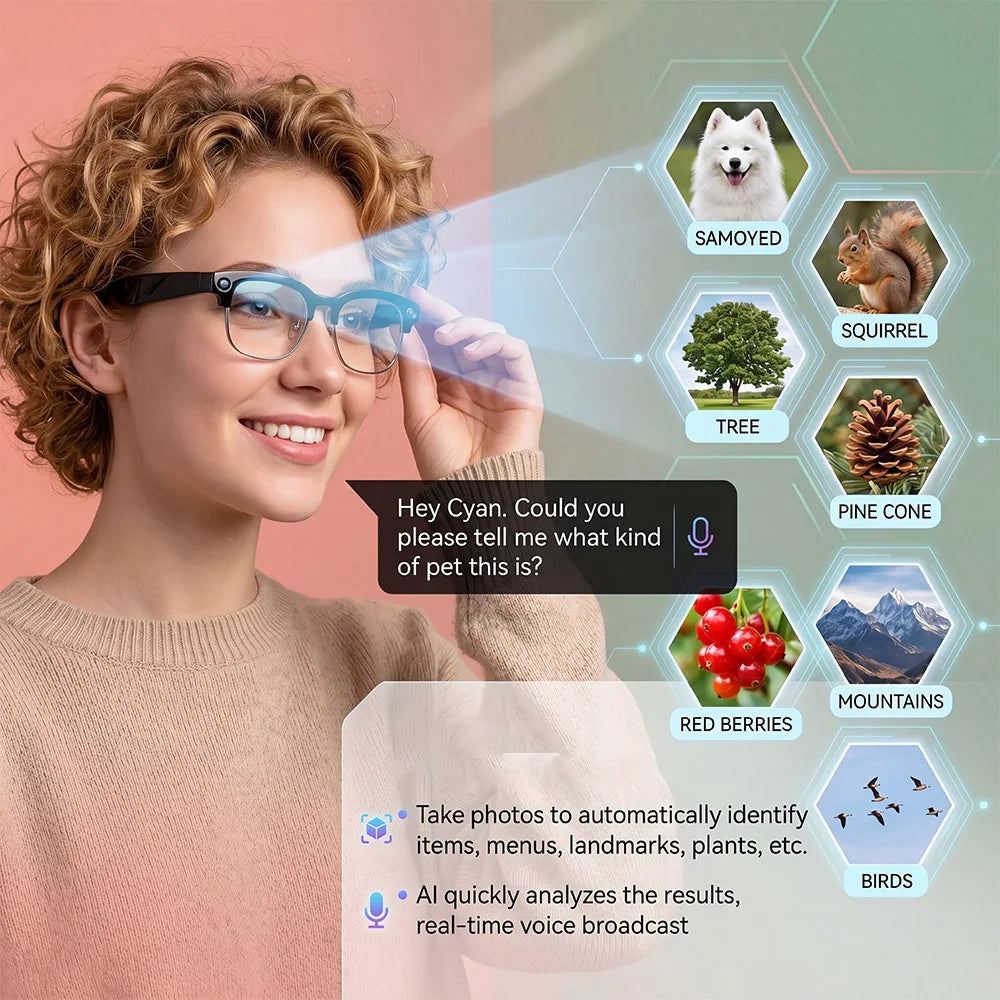 Gafas Inteligentes con Cámara para Hombre, Grabación de Video 4K, Reconocimiento de IA, Llamadas Bluetooth, Traducción de Voz, Anti Luz Azul para Mujer, para Trabajar