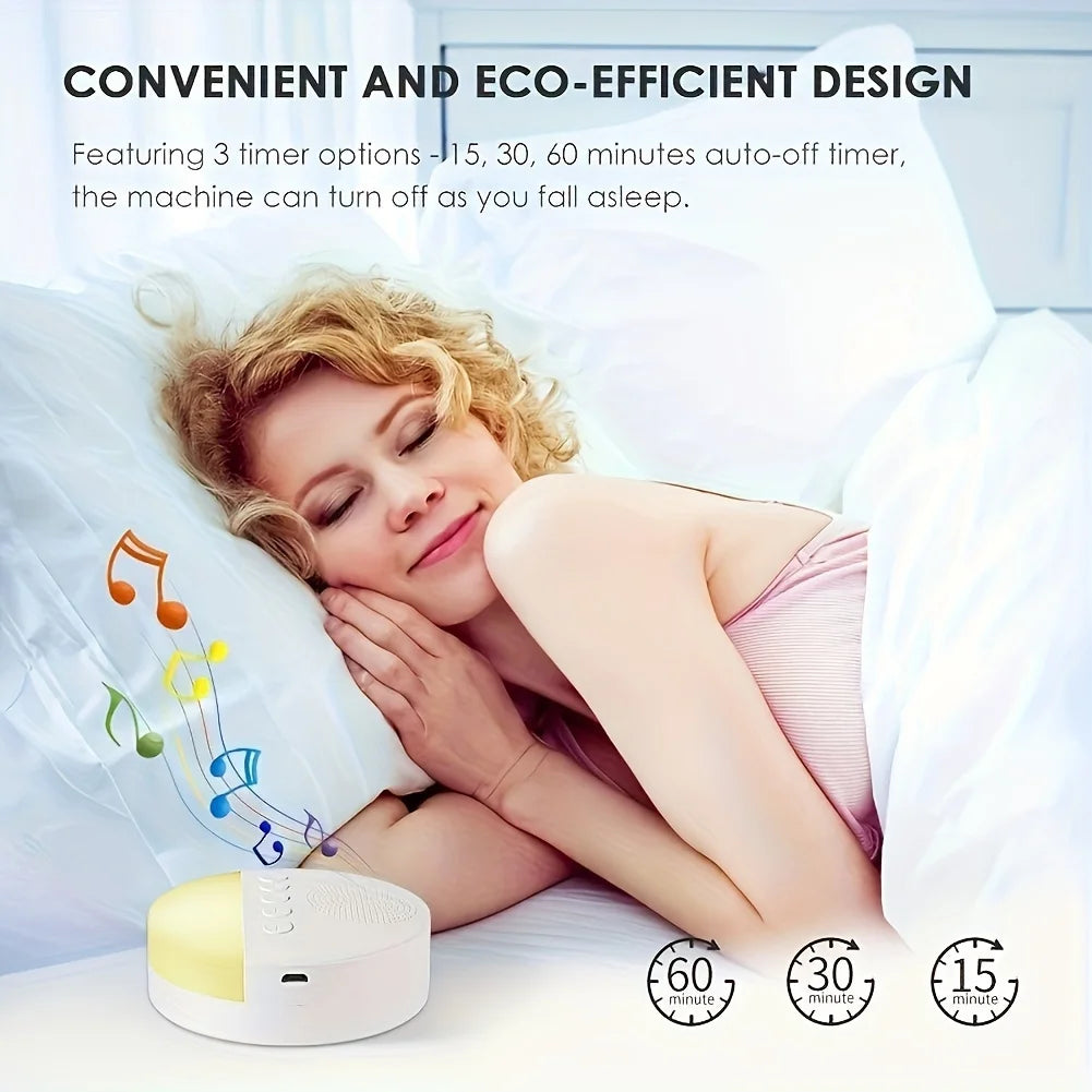 Máquina portátil de ruido blanco recargable por USB de 1200mAh con luz nocturna, 9 sonidos relajantes, temporizador de apagado para uso en el hogar/oficina