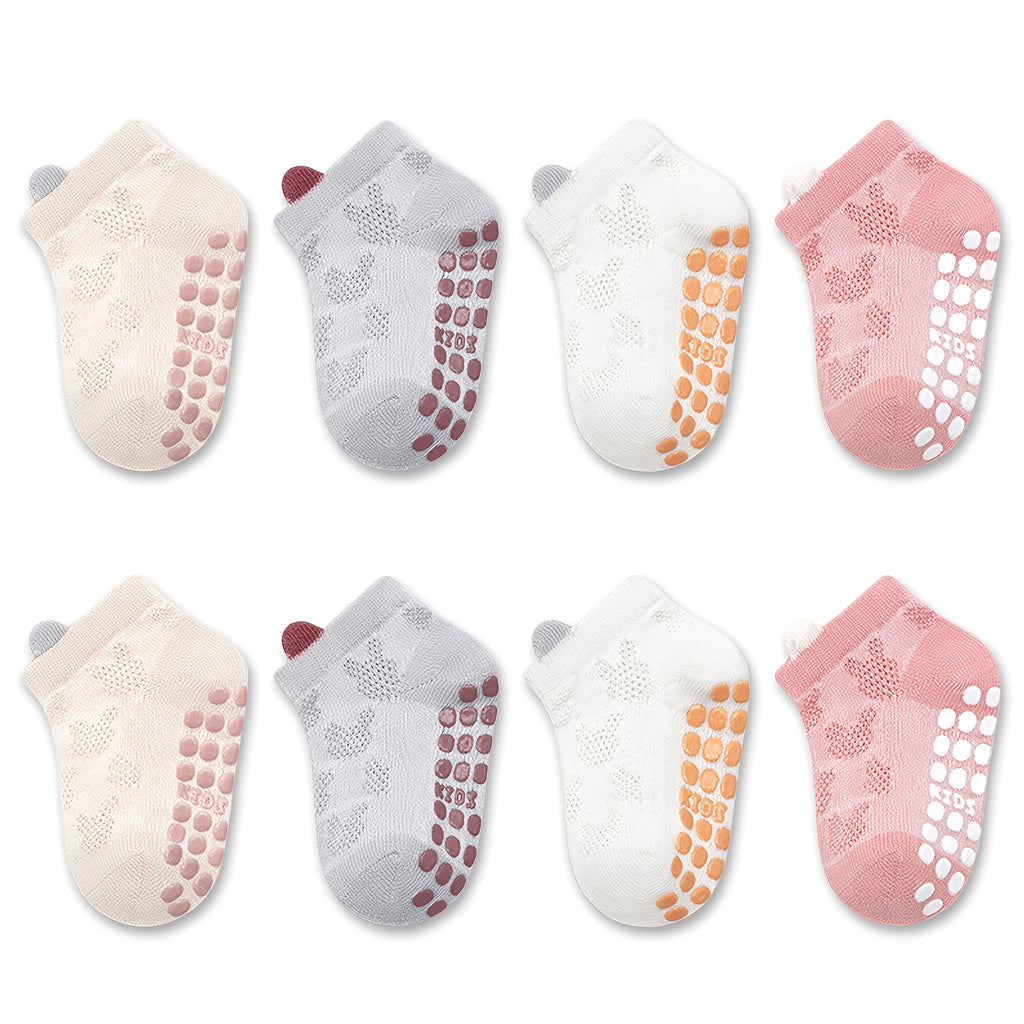 Paquete de 8 calcetines para bebé con diseño de malla, transpirables, antideslizantes, calcetines de interior con suela suave para niñas, color sólido, versátiles, adecuados para la vida diaria informal