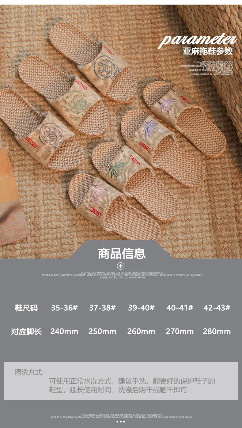 Zapatillas de lino antideslizantes para mujer, sandalias bordadas para el hogar, interior, Verano