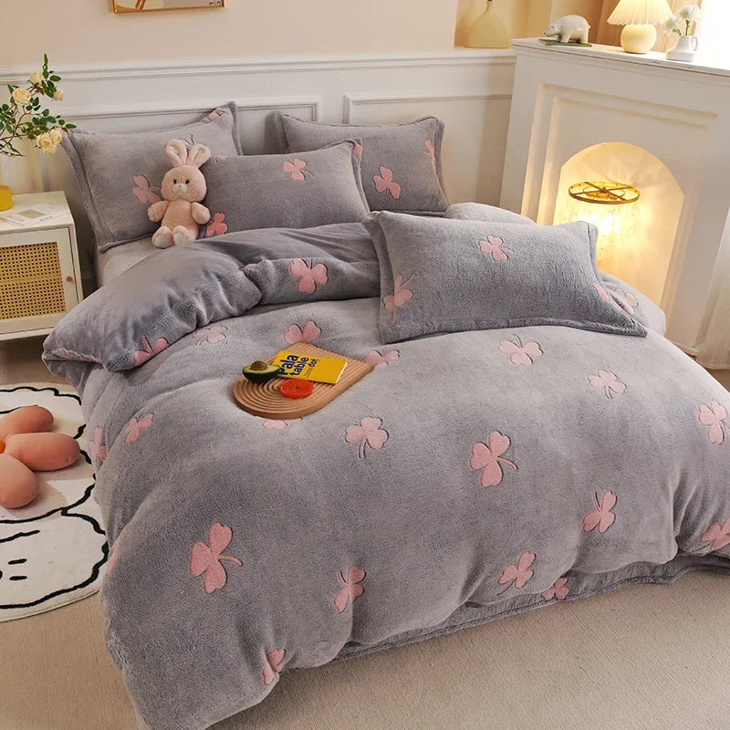 Funda nórdica de lana gruesa y cálida de franela Coral para invierno, juego de cama de terciopelo de doble cara, funda de edredón individual doble Queen King Size