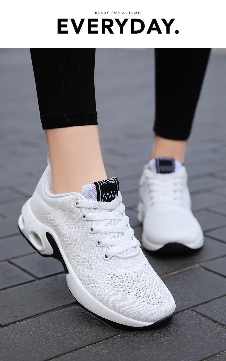 Zapatos deportivos transpirables con amortiguación de aire para mujer, zapatillas informales con cordones cruzados y tacón plano con punta redonda de estilo coreano