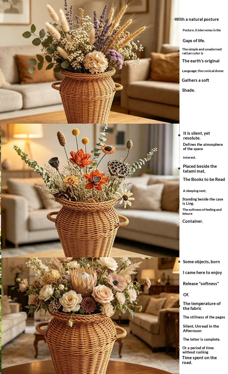 Jarrón de Ratán Tejido a Mano con Asas, Estilo Boho, Maceta Decorativa para Arreglos Florales de Interior y Decoración del Hogar
