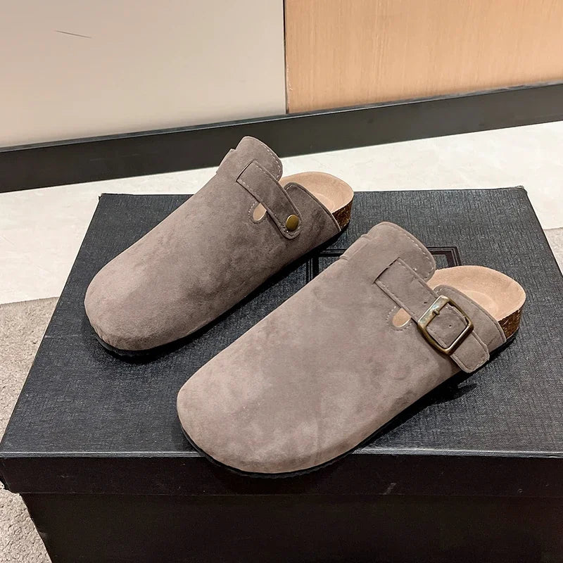 Sandalias de medio arrastre, zuecos para mujer, zapatillas de gamuza de corcho a la moda, zapatillas clásicas antideslizantes de corcho para exteriores con arco