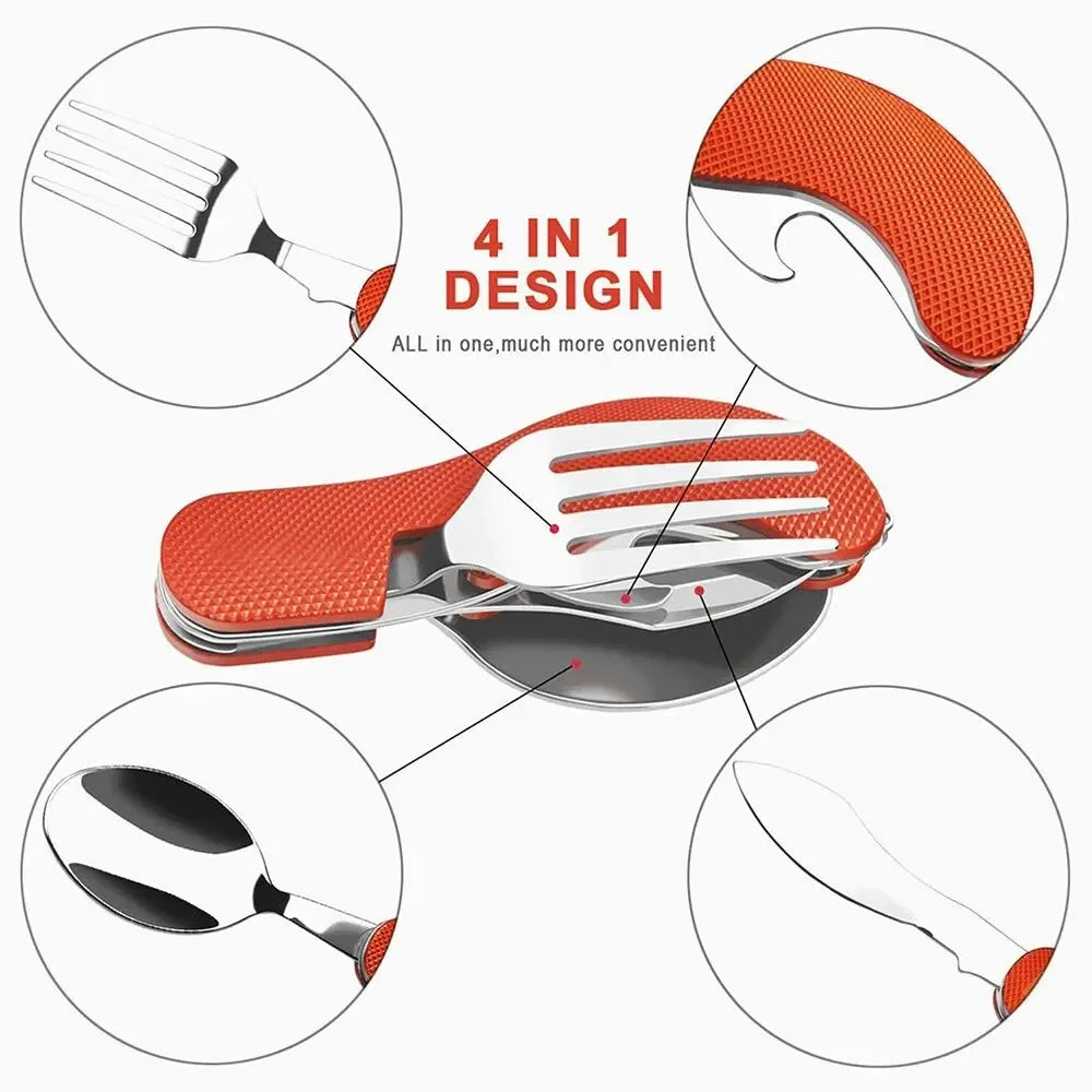 Juego de utensilios de camping plegables 4 en 1, cuchillo multifuncional, tenedor, cuchara, abridor de botellas para supervivencia al aire libre, deportes, camping y senderismo.