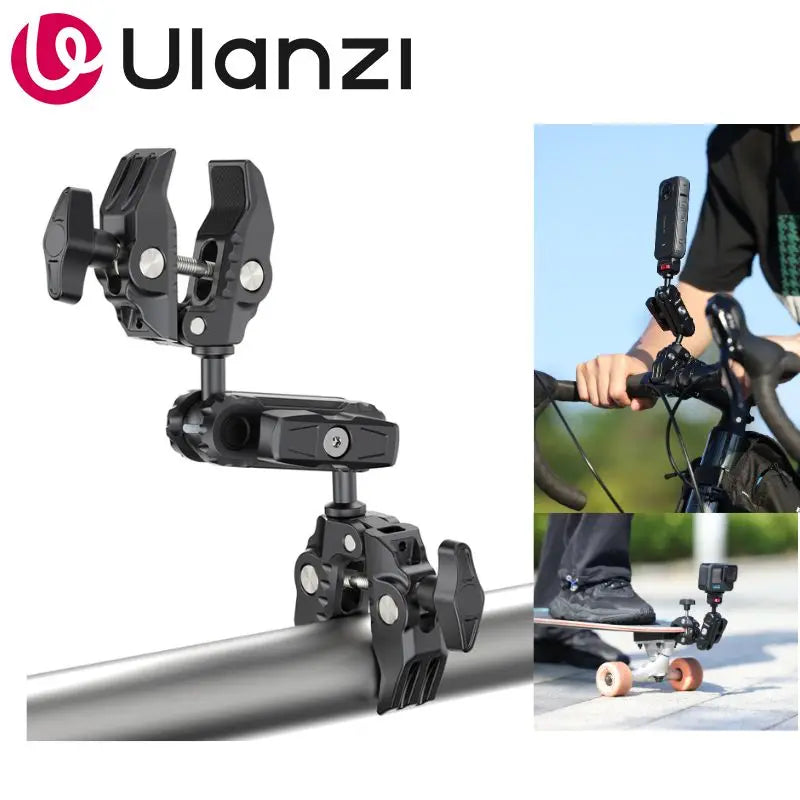 La abrazadera Ulanzi CO17 Super Clamp se puede fijar a rieles de bicicleta, trípode de motocicleta con cabezal de doble bola para cámara de acción panorámica.