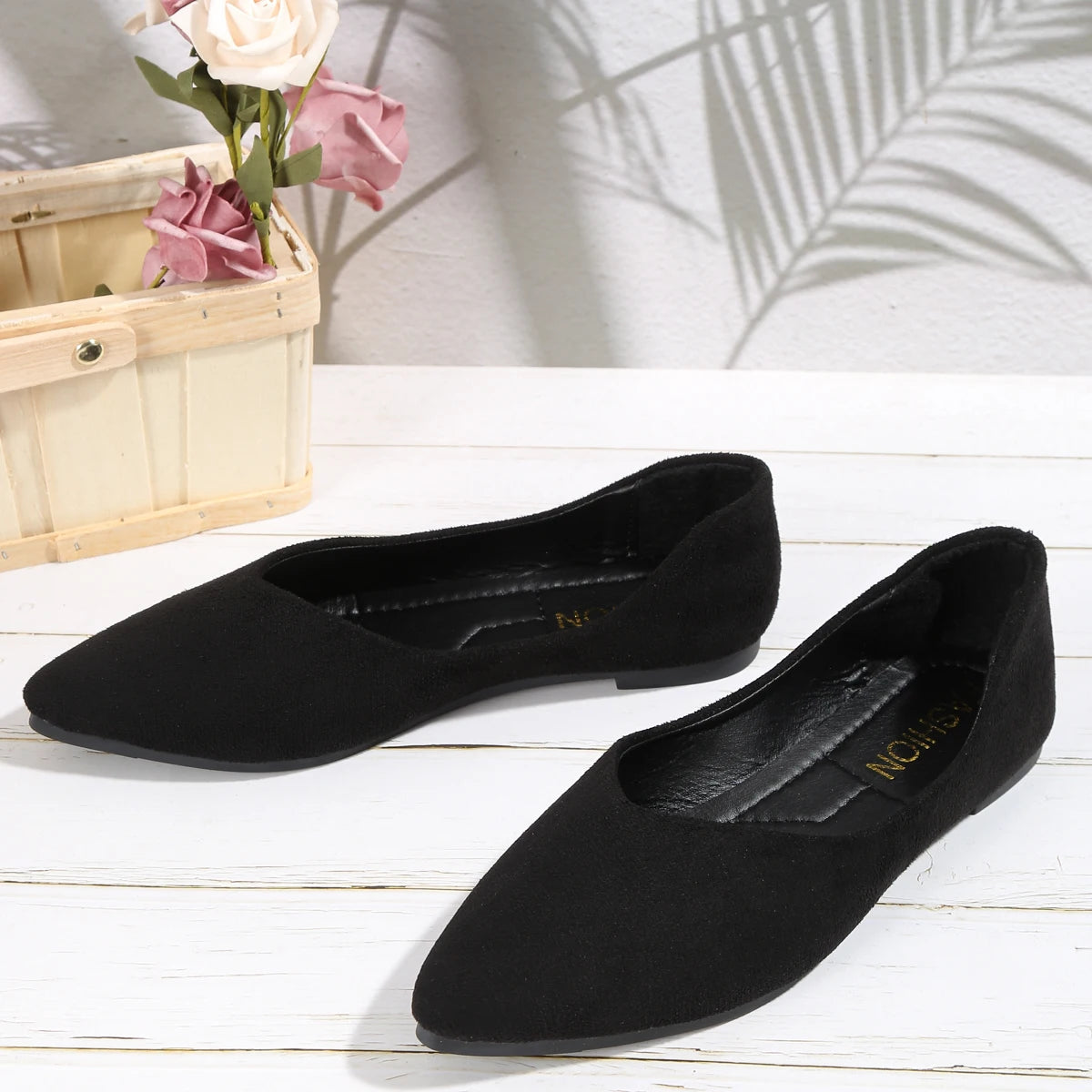 Zapatos planos de gamuza con punta en pico para mujer, estilo casual con corte en V, cómodos para el trabajo y la oficina, suela suave, mocasines sin cordones.