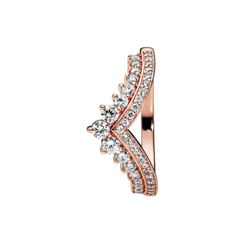 Anillo de Plata 925 con Corona y Corazón de Circonio Dorado para Mujer, Joyería Europea de Moda para Bodas y Fiestas, Regalo DIY