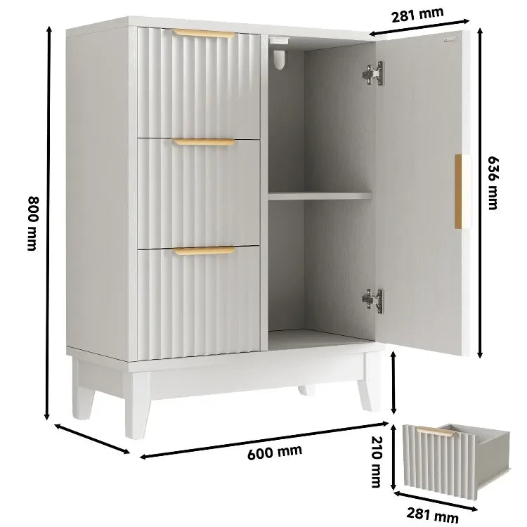 Organizador lateral de madera con 3 cajones y una puerta, con patas elevadas, para almacenamiento en el suelo, ideal para baño, ducha, dormitorio o armario del hogar.