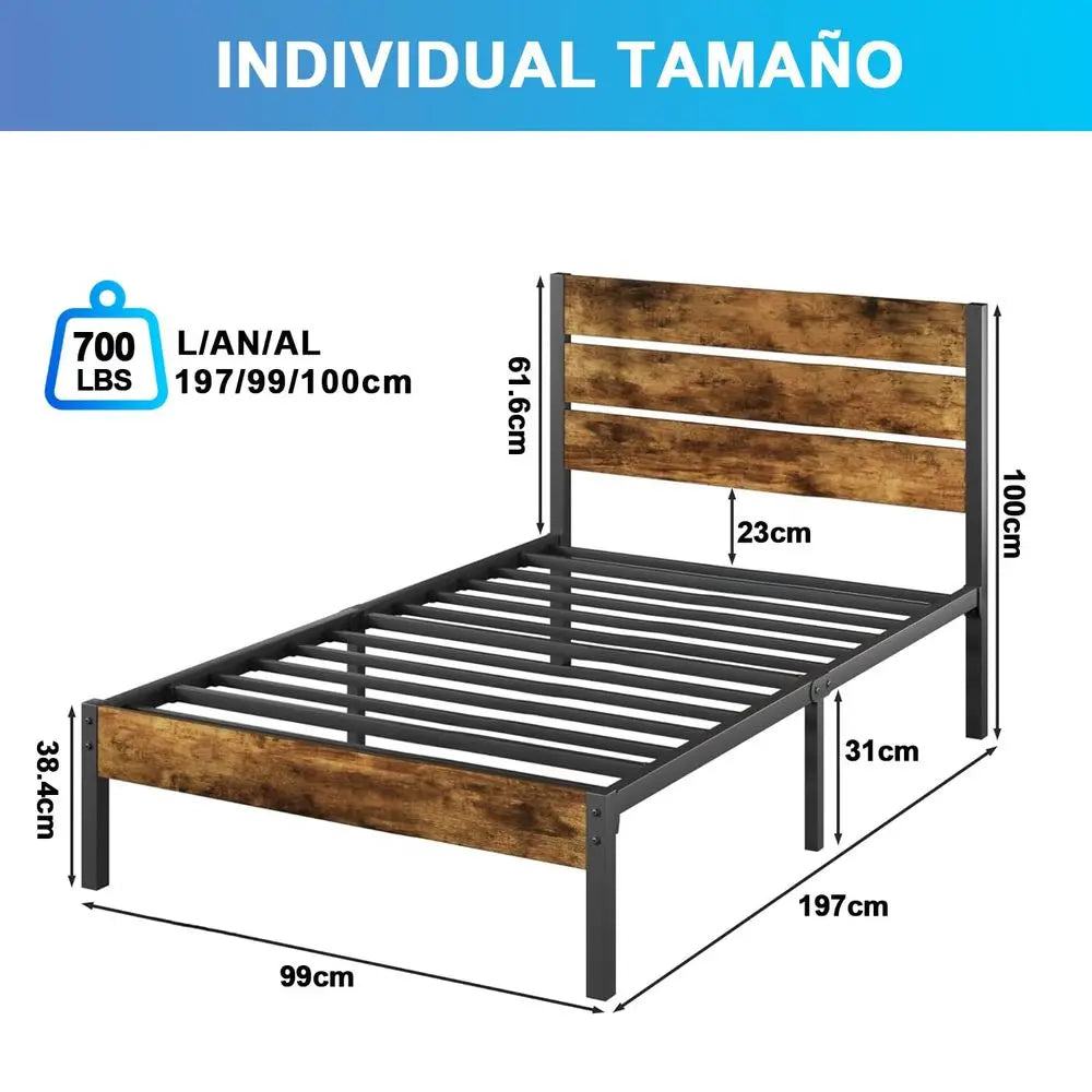 Cama Individual con Cabecera y Pie de Cama, Base de Cama con Cabecera Individual, Espacio de Almacenamiento Debajo de la Cama, B