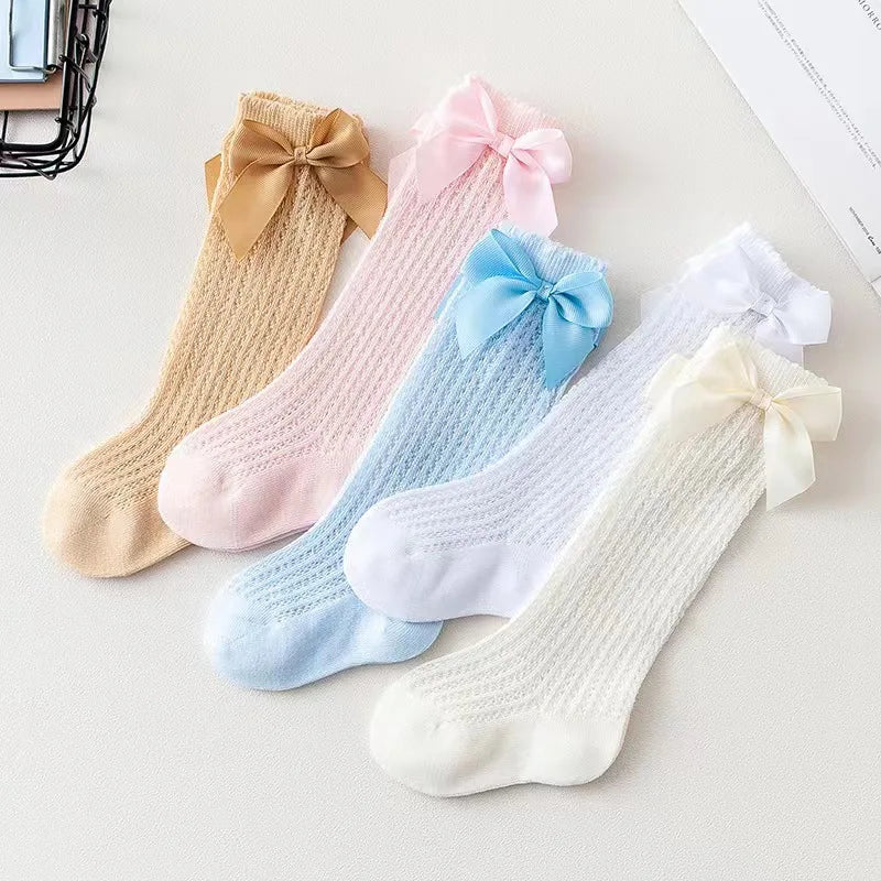Calcetines hasta la rodilla para bebé de 0 a 36M, calcetines largos hasta la rodilla de malla de algodón con lazo grande para niño pequeño, calcetines largos de princesa para niña 2025