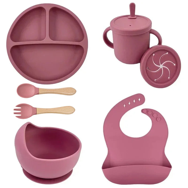 Juego de alimentación de bebé de silicona sin BPA, cuenco con ventosa, plato de comedor, taza de paja, cuchara, tenedores para niños, vajilla para bebés, platos para niños