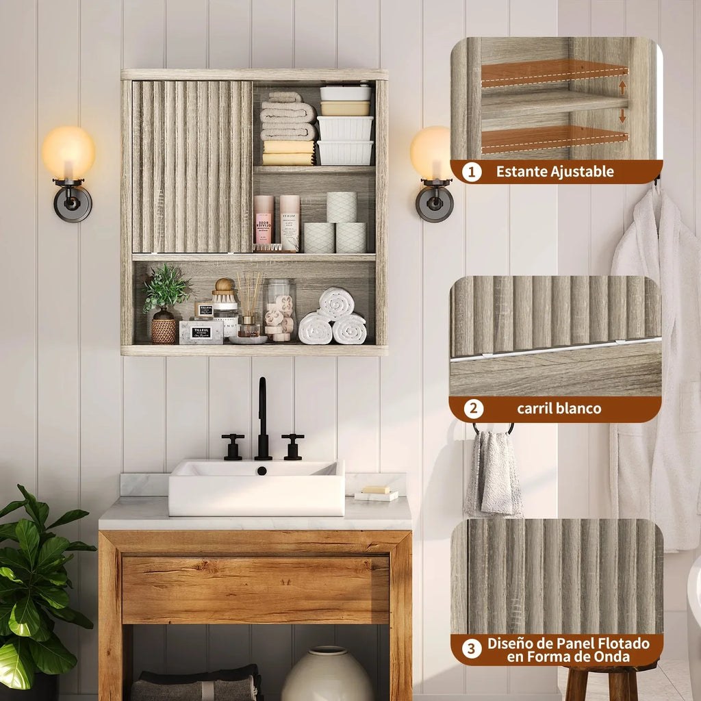 Armario de pared de roble original para baño, dormitorio, cocina, con puerta corredera, 3 niveles, estante flotante de madera montado en la pared