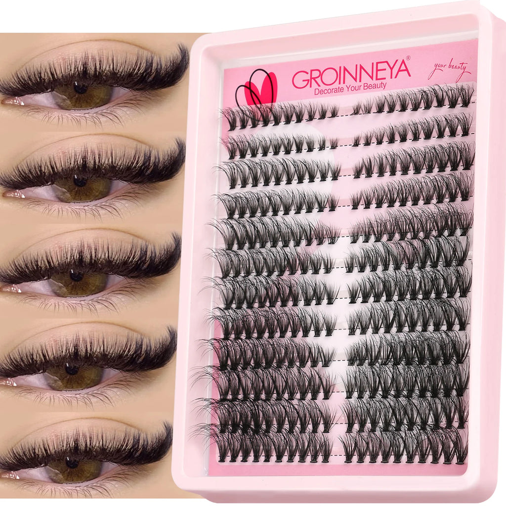 GROINNEYA grupos de pestañas pestañas de gato extensiones de pestañas individuales tenues volumen grupos esponjosos pestañas DIY maquillaje de pestañas