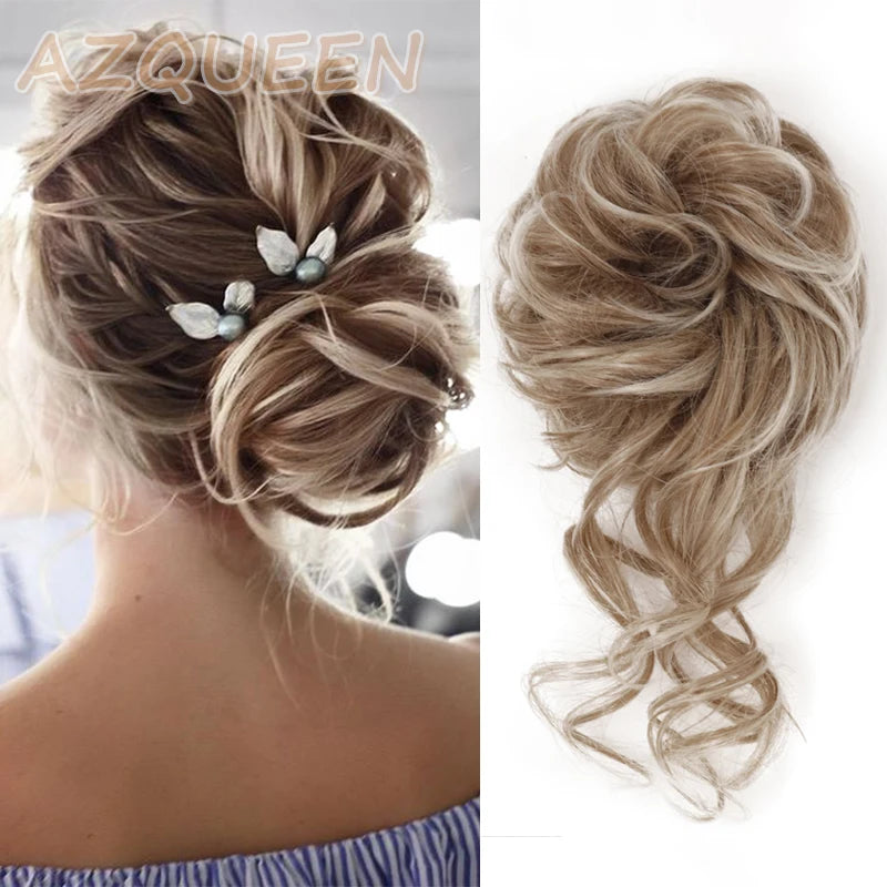 AZQUEEN moño de pelo sintético moño Natural gris desordenado banda para el cabello rizado elástico Scrunchy piezas de cabello falso para mujeres horquillas