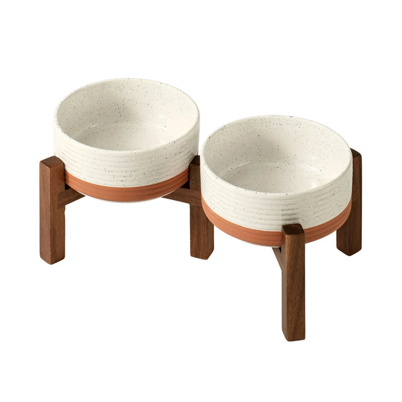 Cuencos grandes de cerámica para mascotas de 1800 ml con soporte de madera: platos de alimentación para perros grandes elevados dobles, cuencos antideslizantes para gatos