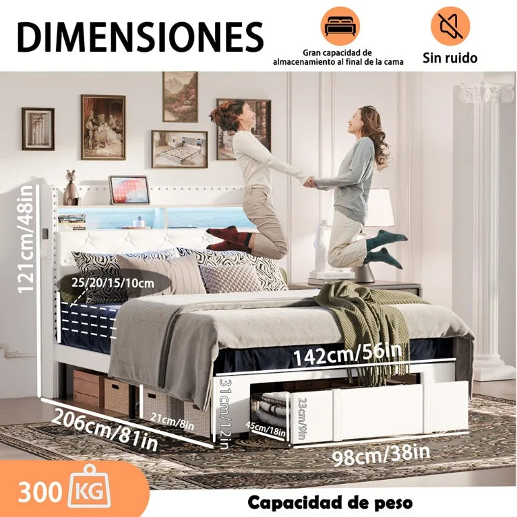 Cabecero de madera, marco de cama, almacenamiento de luces Led, estación de carga, plataforma de Metal regulable, muebles Wingback de estilo moderno