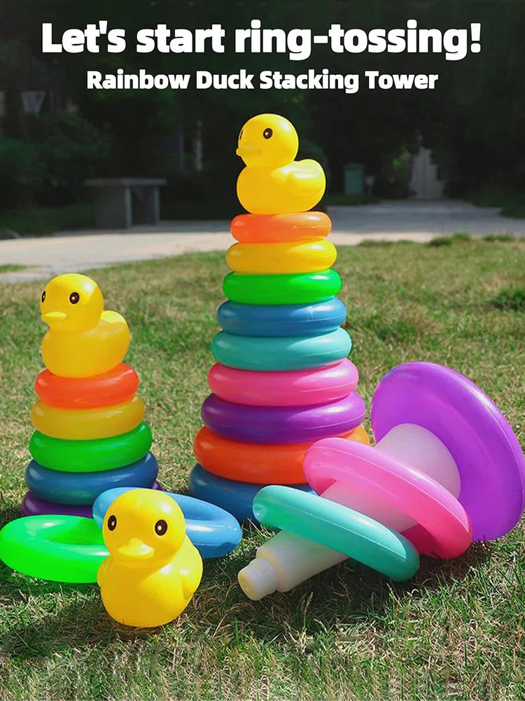 Pato amarillo Torre arcoíris círculo apilado juguete plástico arco iris círculo juguete círculo lanzamiento juguete juego interactivo regalos de cumpleaños