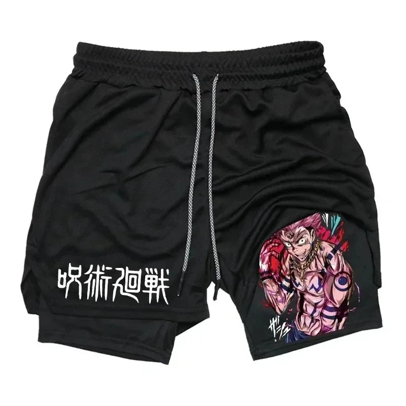 Pantalones cortos deportivos para hombre Jujutsu Kaisen Anime Graphic 2 en 1 pantalones cortos de compresión para hombre pantalones cortos de rendimiento de gimnasio de secado rápido atléticos