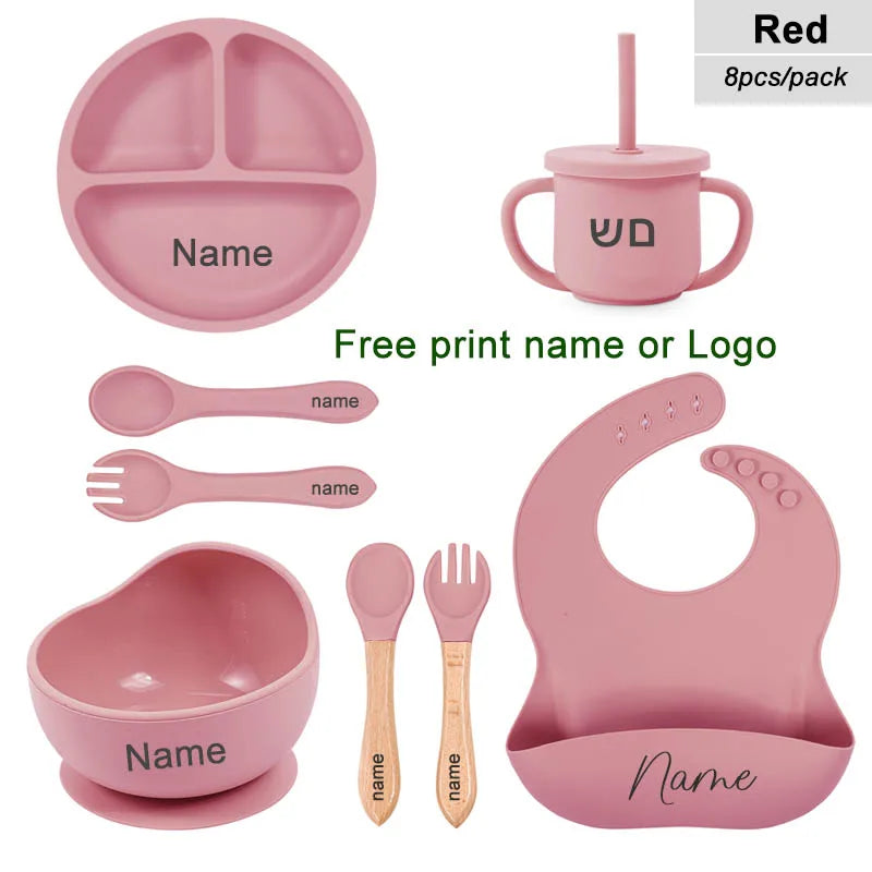 Juego de alimentación de silicona para bebé, plato de comedor redondo, cuenco con ventosa, platos para niños, vajilla con nombre personalizado, taza de paja, 8 Uds.