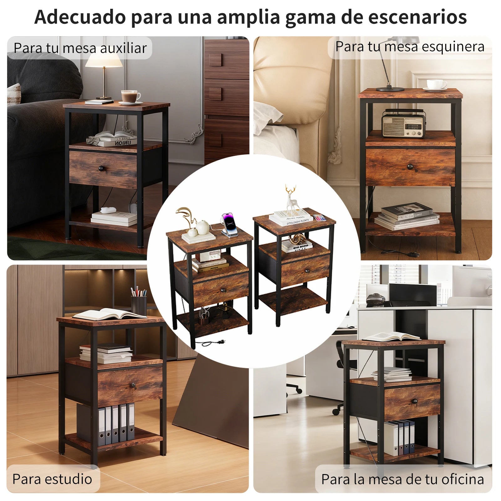 Juego de 2 Mesitas de Noche con 1 Cajón, 4 Niveles de Tomacorrientes, Gabinete Metálico de 4 Capas, Estante Abierto de Madera para Dormitorio o Sala de Estar, Color Marrón