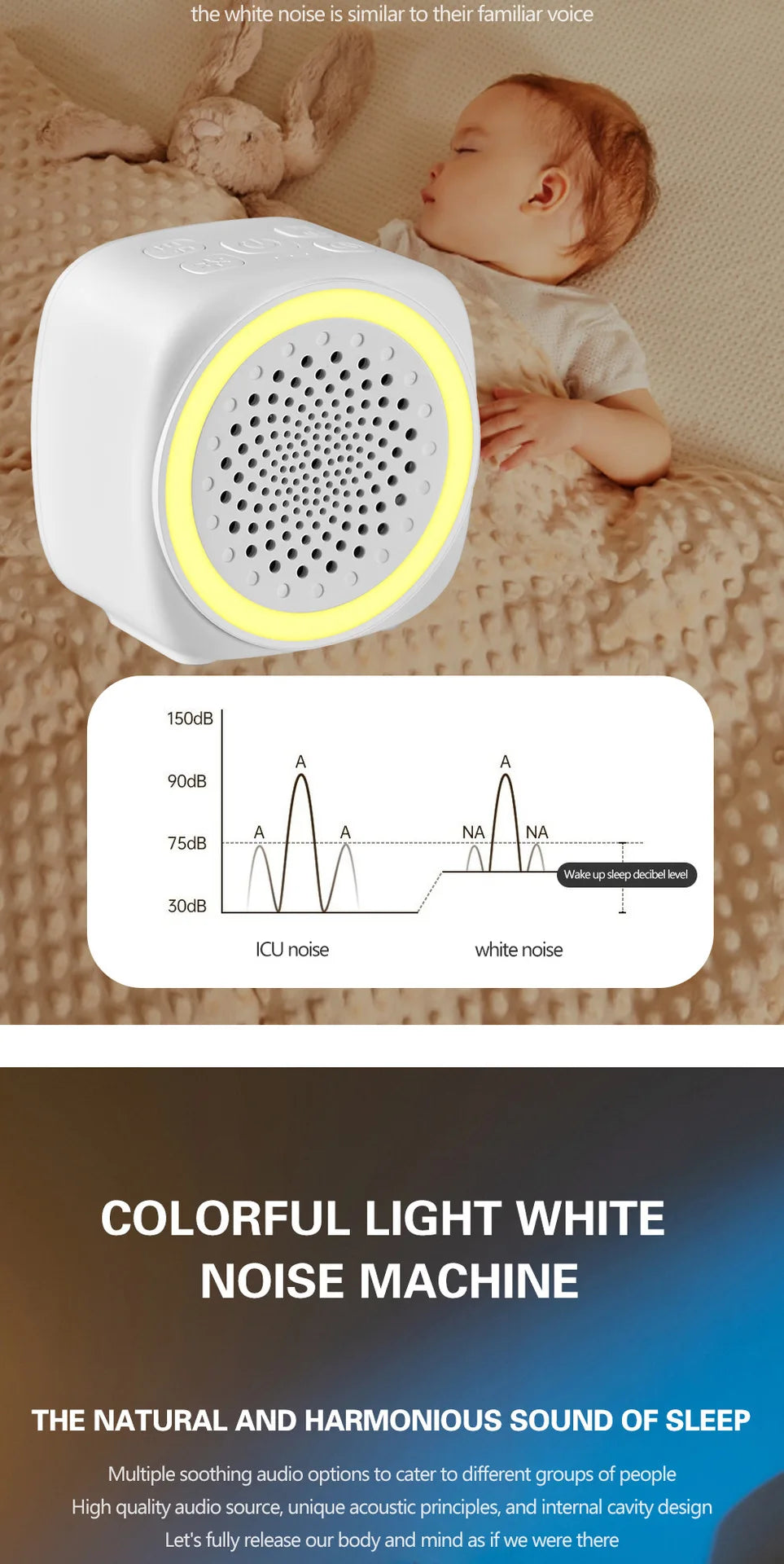 Máquina de ruido blanco con luz de arcoíris de 26 colores, ayuda para dormir con música, relajante para bebés con música y luz para dormir