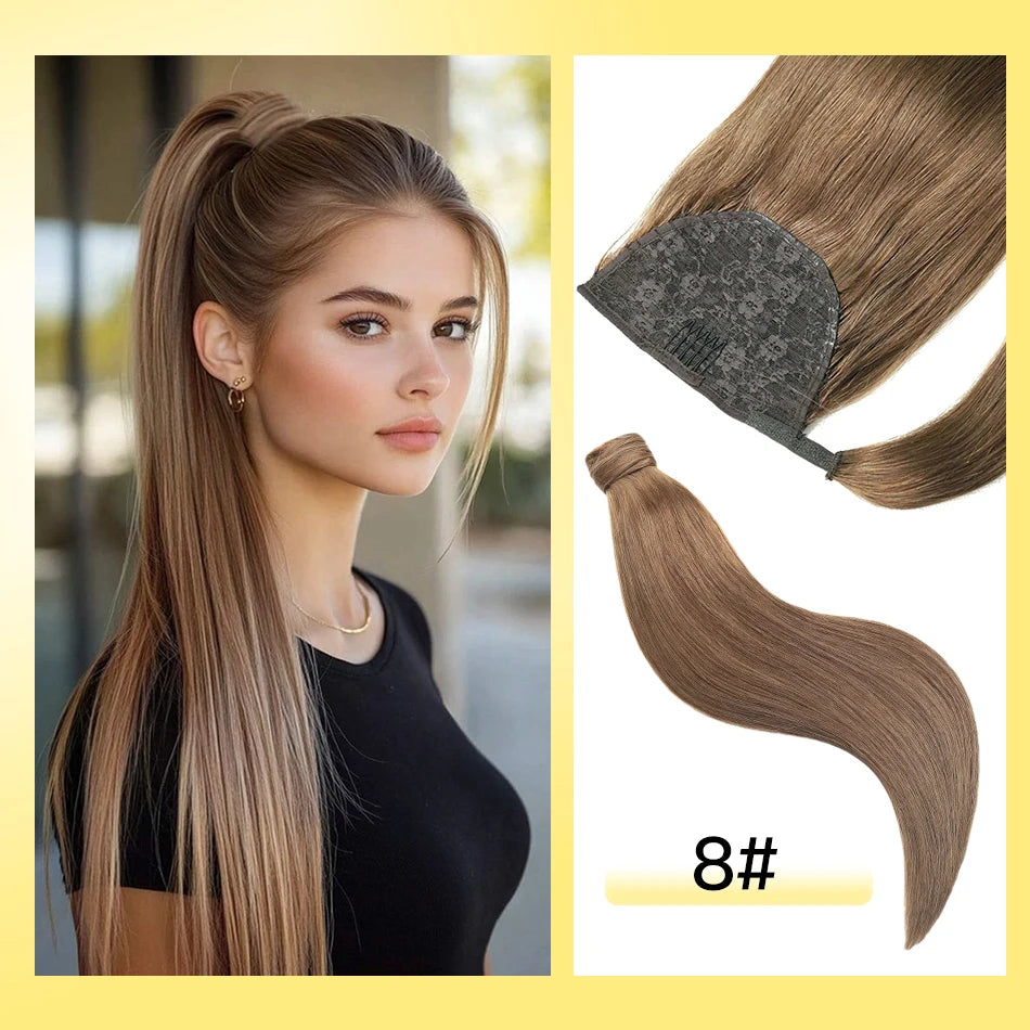 Cola de Caballo de cabello humano Yelo, Clip envolvente en pieza de cabello, extensión de cola de caballo, cabello humano liso con pasta mágica