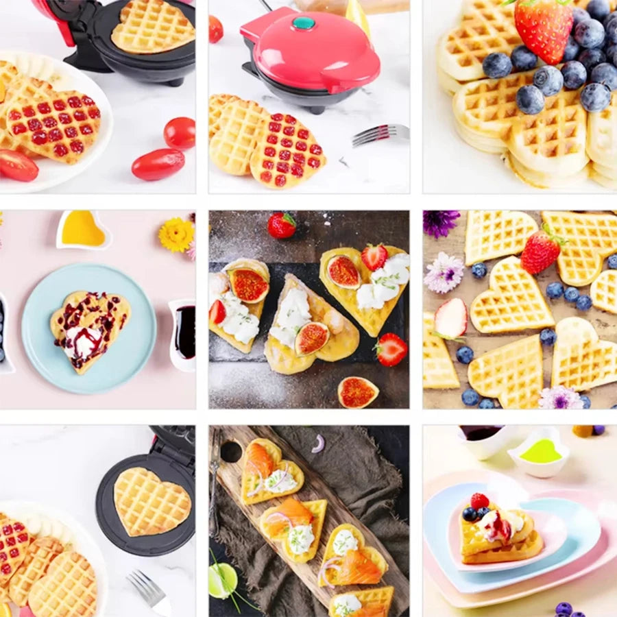 Una mini waflera portátil familiar con forma de corazón, una pequeña waflera con forma de corazón, para hacer waffles con forma de corazón y papas fritas con forma de corazón para el desayuno.