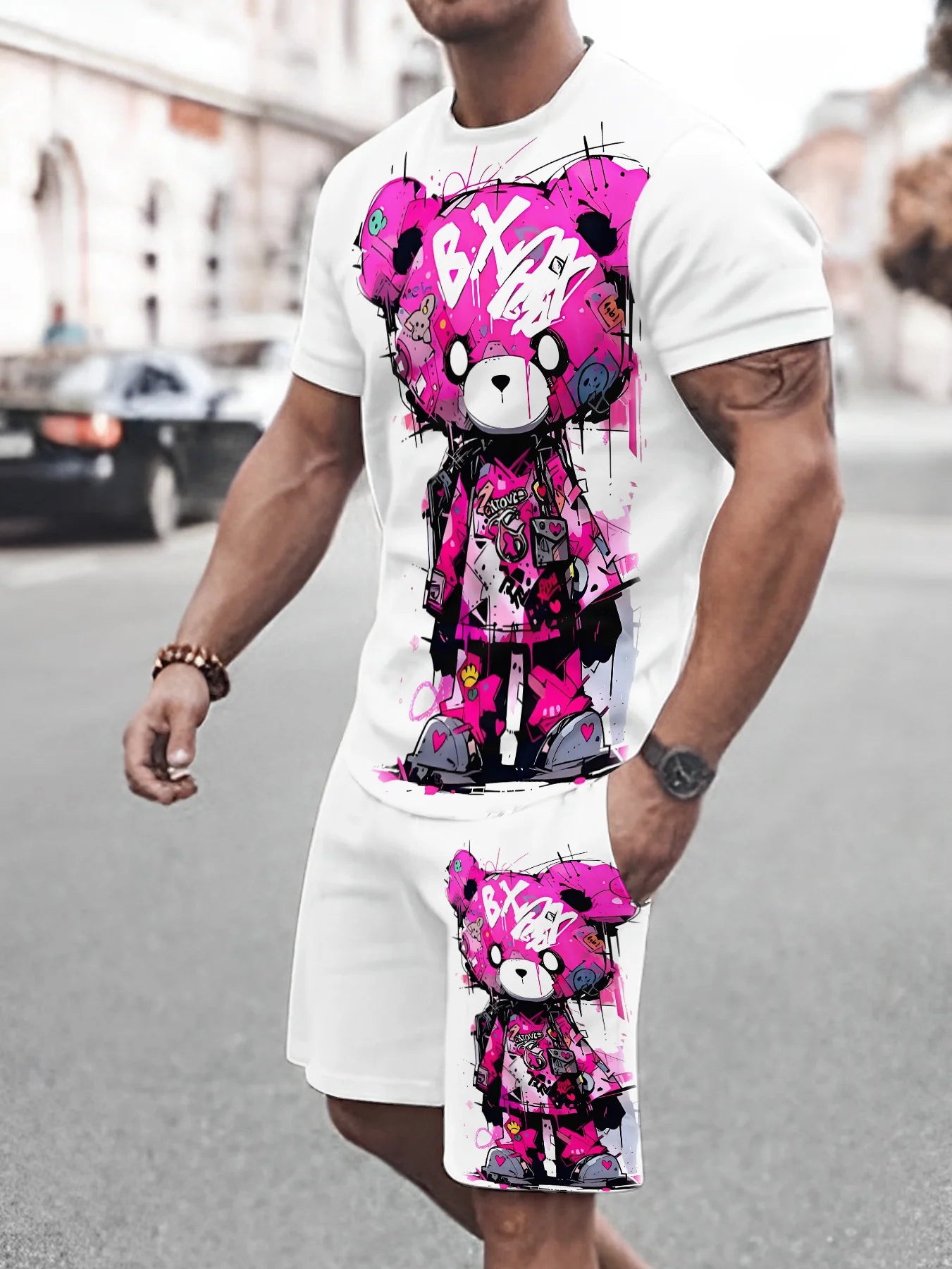 Conjunto Deportivo Casual de Verano para Hombre, Estilo Holgado, Moderno, con Estampado de Grafiti, Cuello Redondo, Manga Corta, Dos Piezas con Pantalones Cortos