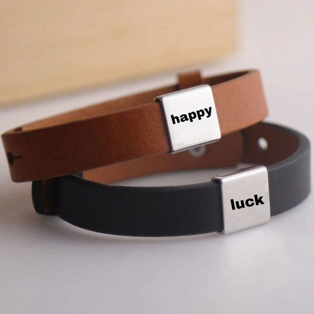 Pulseras de identificación ajustables de acero inoxidable, brazaletes de piel de vaca tallada personalizados gratis, correas de muñeca de cuero DIY para hombres y mujeres