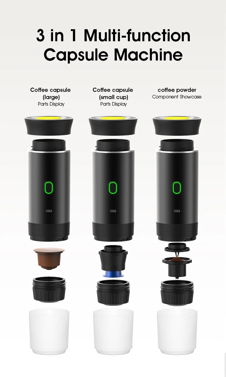 Cafetera Espresso portátil eléctrica inalámbrica para coche y hogar, cafetera para acampar, cafetera de viaje en polvo con cápsula 3 en 1
