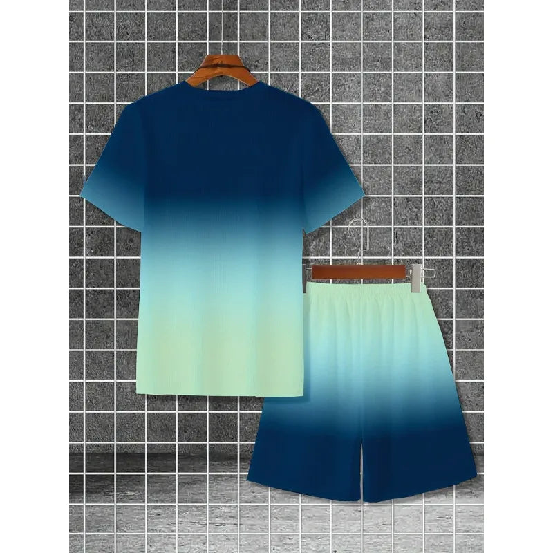 Conjunto informal de dos piezas con estampado 3D a rayas para hombre, camiseta de manga corta y pantalones cortos, conjunto para deportes al aire libre diarios de tela de poliéster