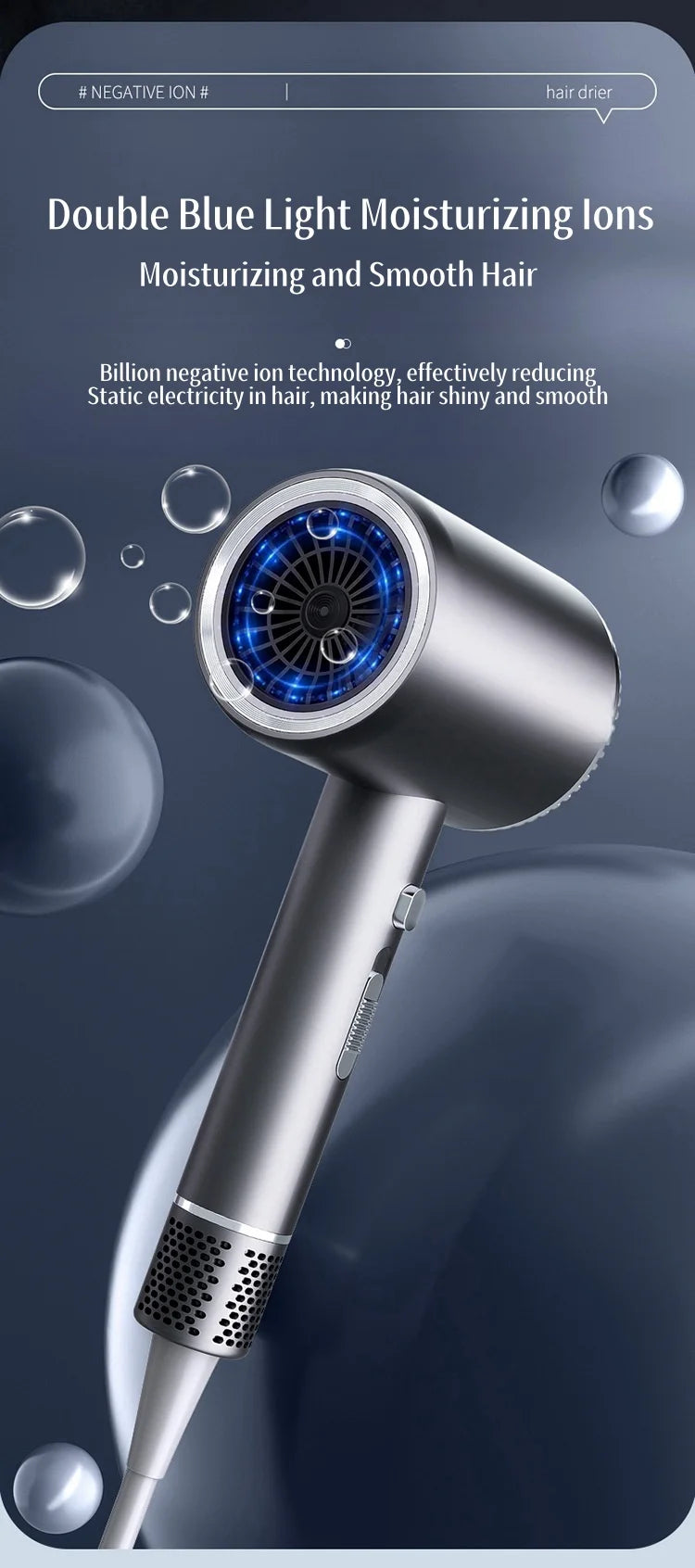 Secador de Pelo de Alta Velocidad de 110000 RPM con Luz Azul 3D de Iones Negativos, Cuidado del Cabello, Silencioso, Difusor para el Hogar y Salón de Belleza, 220V