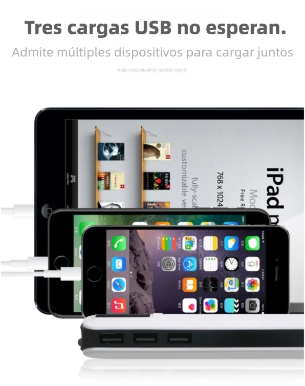 Batería portátil de 10000 mAh con textura de piel, 3 puertos USB y linterna. Disponible en varios colores.