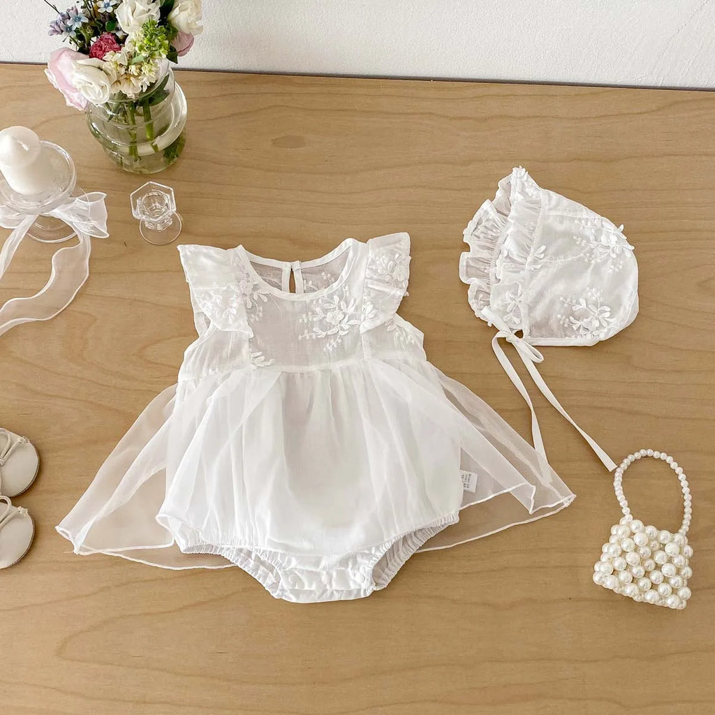 Conjunto de Ropa para Bebé Niña de 0 a 2 Años, 2026, Body Blanco con Estampado Floral Tridimensional y Gorro, 2 Piezas